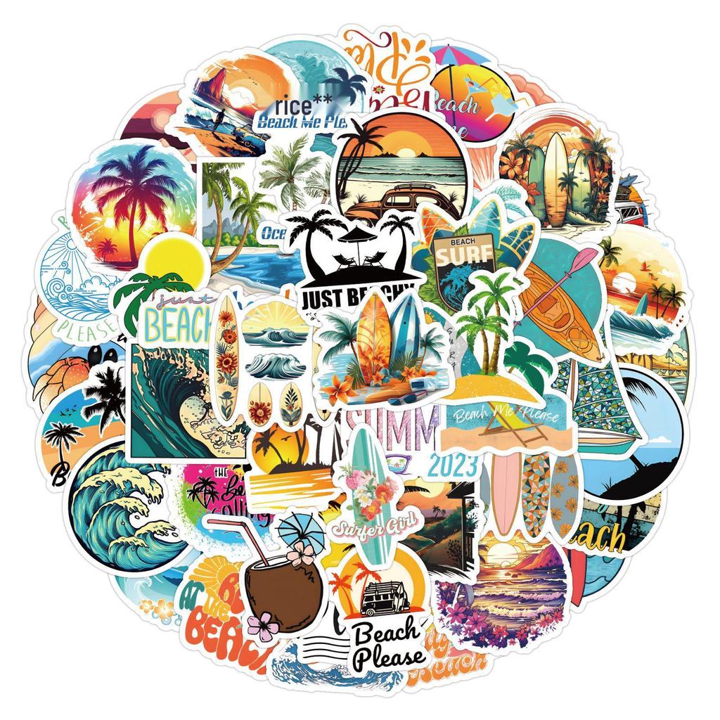 60 Cartoon Beach & Surf Stickers: Waterproof Decorations for Journals, Water Bottles, and Computers.
