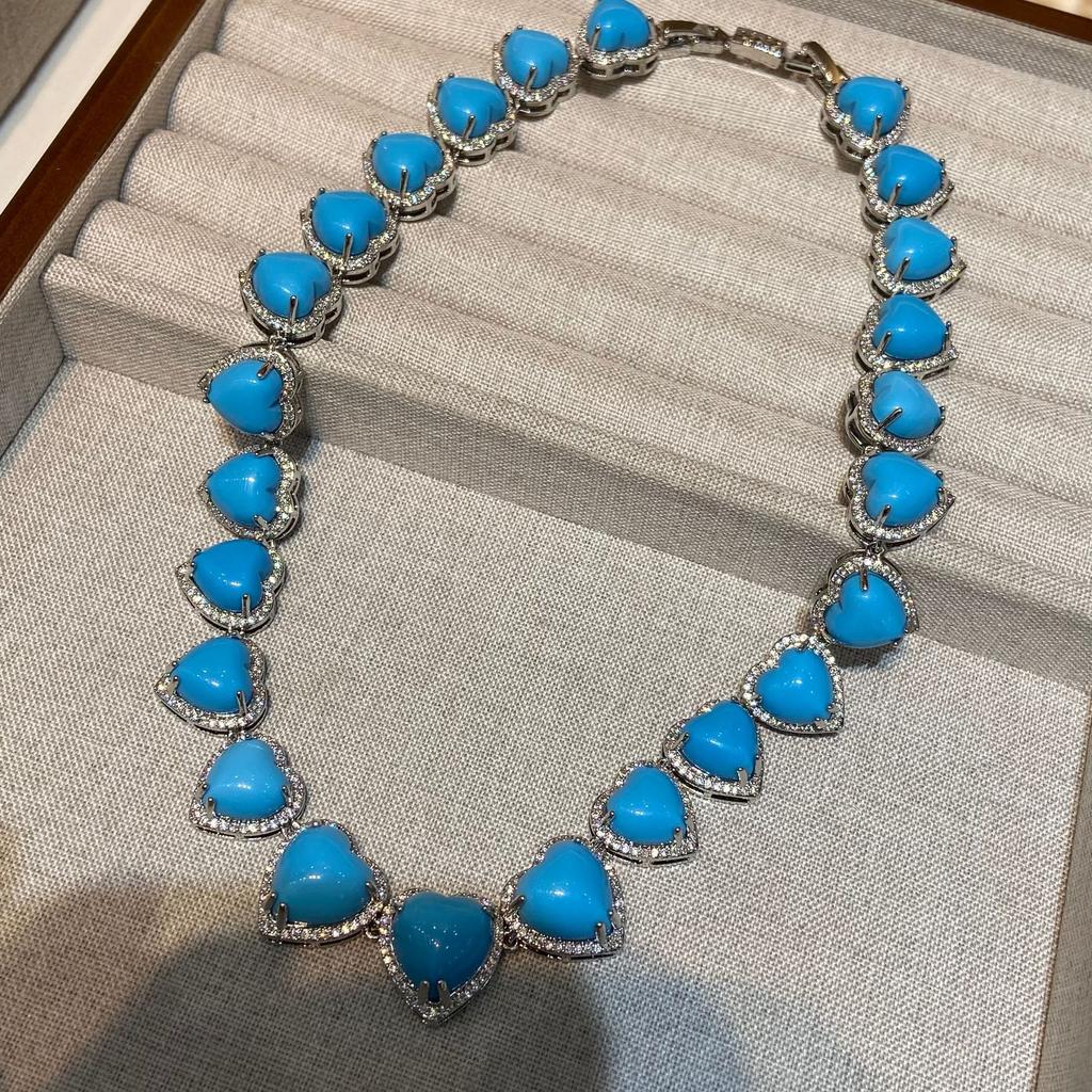 Necklace Bohemian Zircon Blue Turquoise Love Stud Earrings Necklace Women With Skirt Set