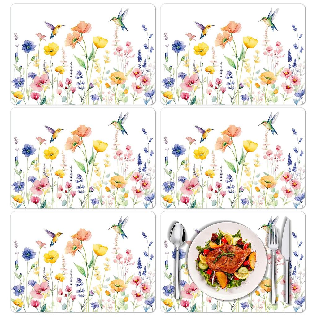 Tarklanda Set di 6 Tovagliette in Plastica Floreali Primaverili, 11 x 15,7 Pollici, Tovaglietta in Vinile Rettangolare Stagionale per Feste, Tovaglietta Vintage con Fiori e Uccelli