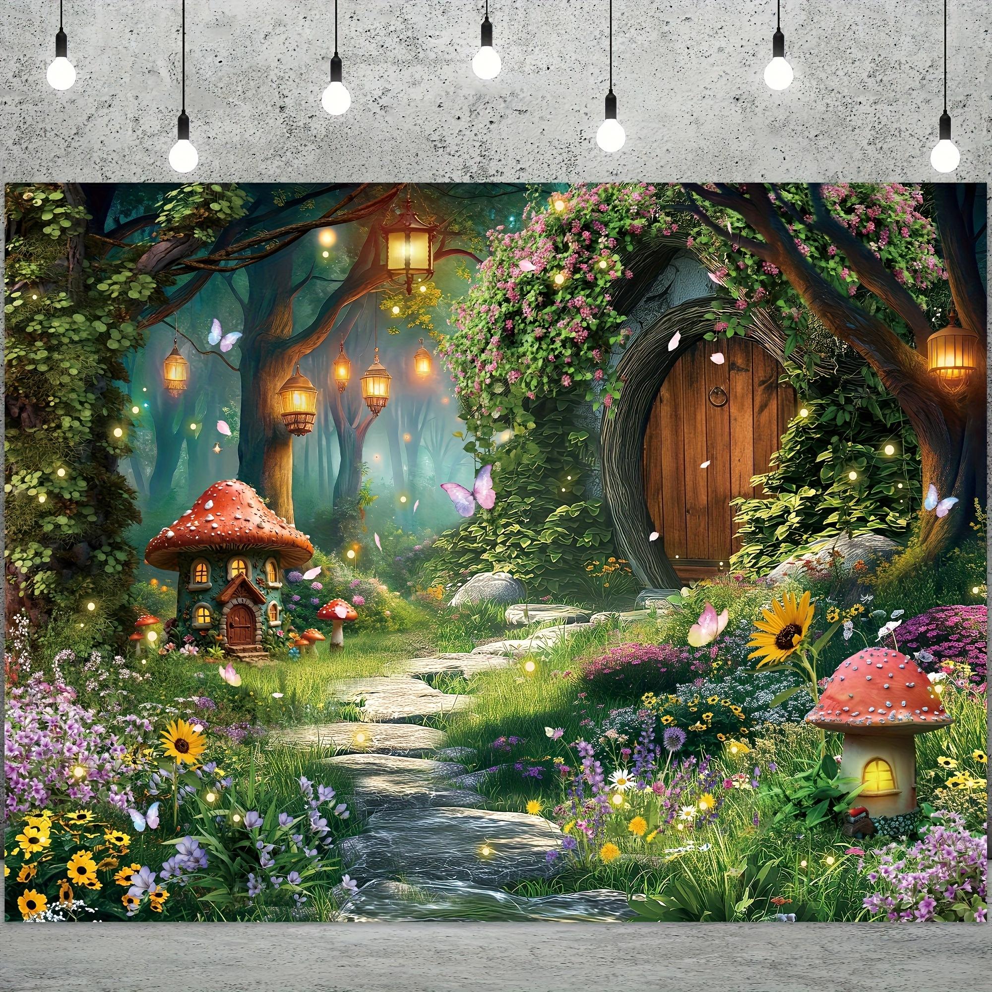 1 item - Fantasy background banner - Magical garden - Magical forest - Mushrooms - Flowers - Butterflies - Nature - Photography 100x150cm