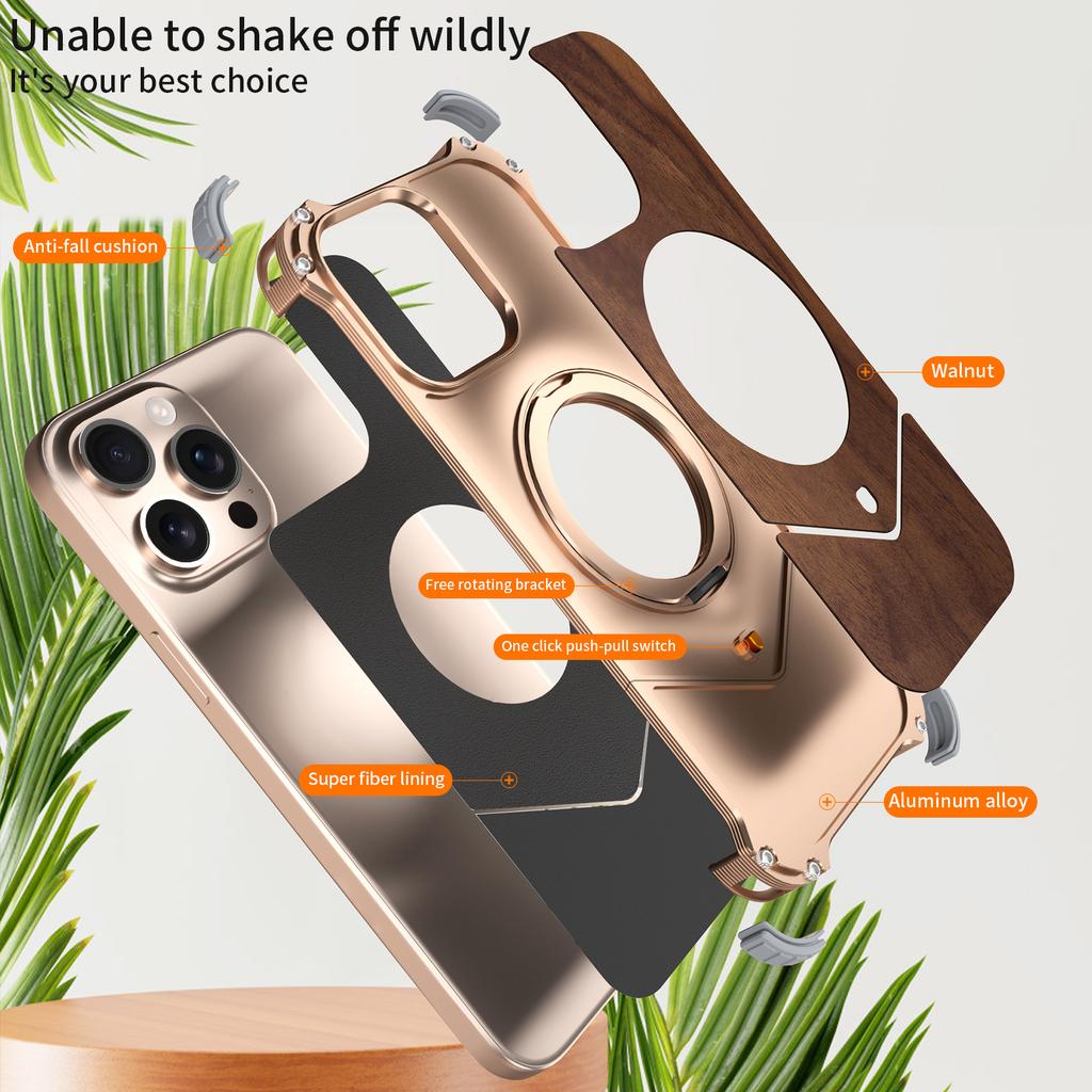 For iPhone 13 Pro Max Case Wood Covered Metal Boardless Phone Back Cover with Kickstand