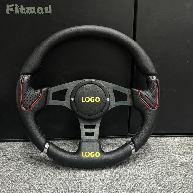 14-inch classic silver and black bracket leather steering wheel racing 350mm car sports steering wheel PCD70MM Figure 1