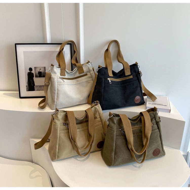 VFBNUINJKL Women's Canvas Tote Bag with Zipper, Multiple Pockets, Large Capacity, A4 Size, Lightweight, Perfect for Travel, Commuting, and School