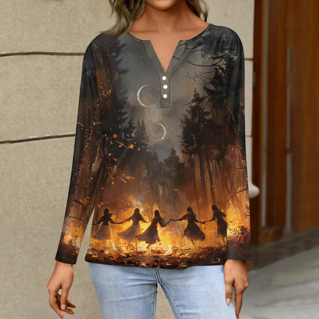 Women's T Shirt Tee HAlloween Print Button Long Sleeve Daily Weekend Fashion Basic V- Neck Regular Top