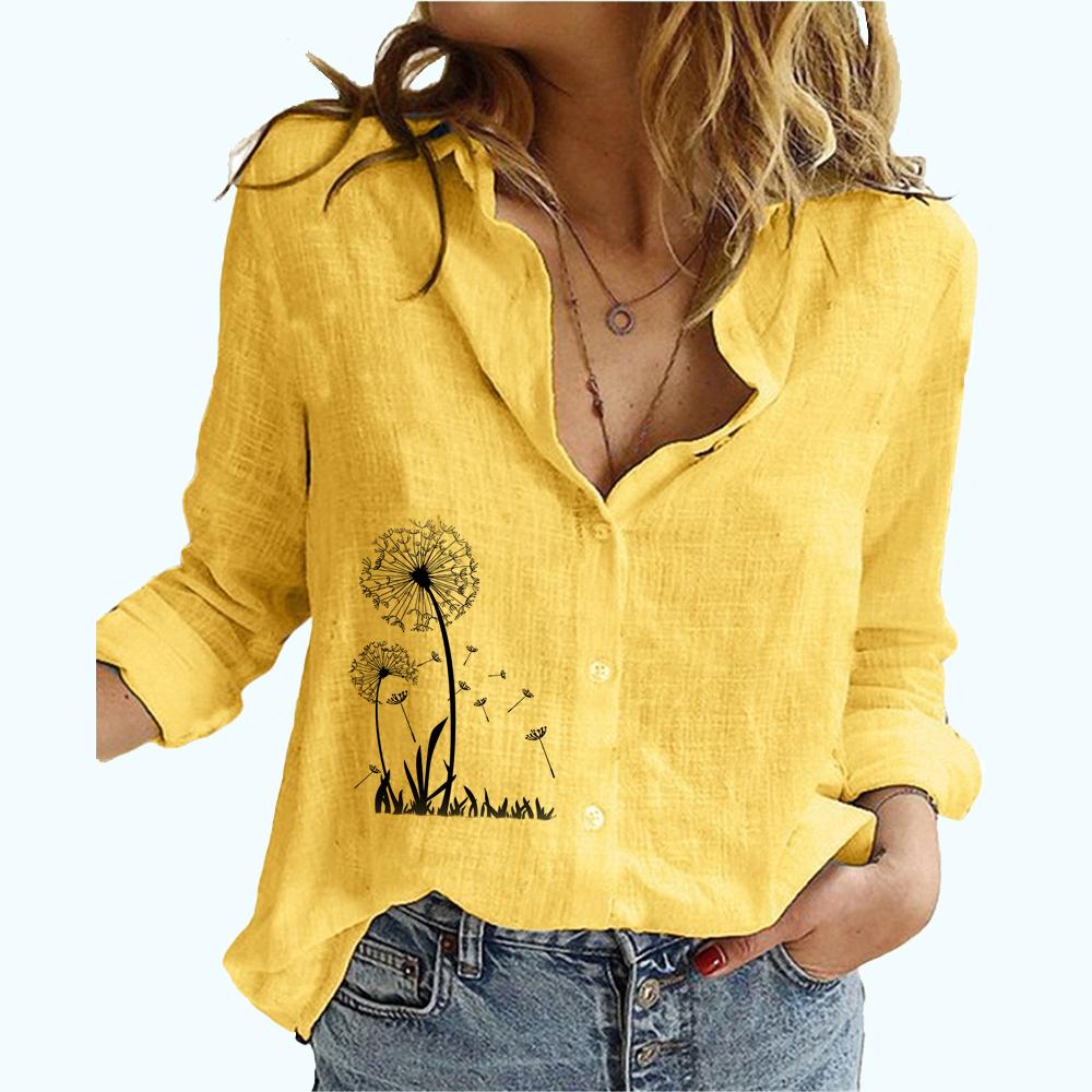 Women Fashion Floral Print Linen Top Casual Long Sleeved Buttoned Shirt Ladies Stand-collar Thin Blouse