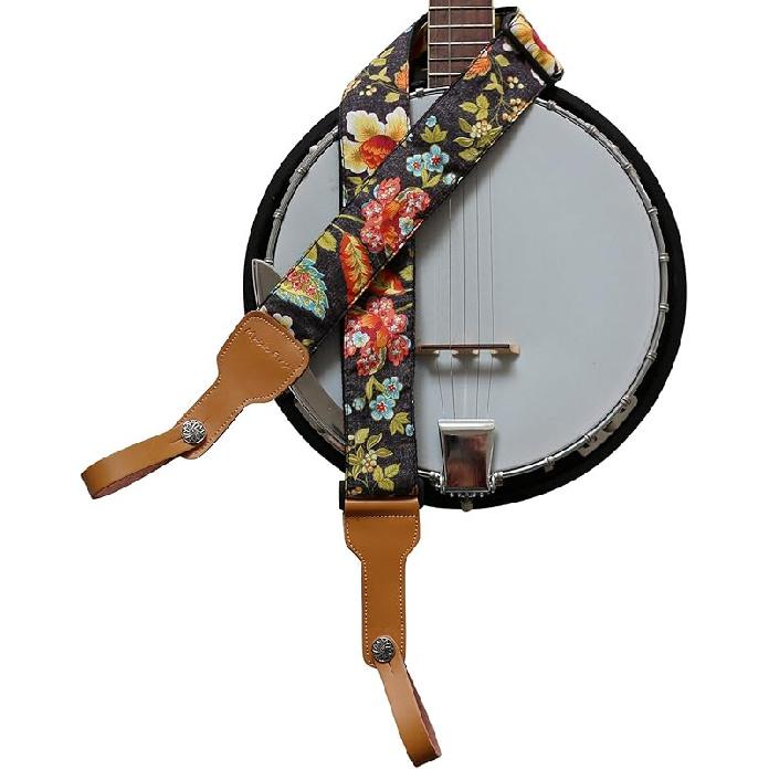 MUSIC FIRST Original Design, 2 inch width (5cm), Classic Country Style Yarn-dyed fabric & Genuine Leather Delux Banjo Strap, With 2 pieces of MUSIC Vintage French Country St