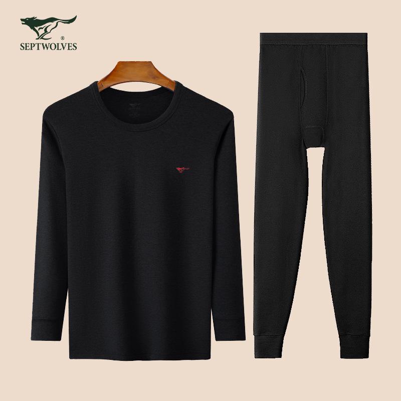 Septwolves Men's Thin Pure Cotton Autumn Underwear Set: Round/Crew Neck Warm Bottoming Shirt & Pants.