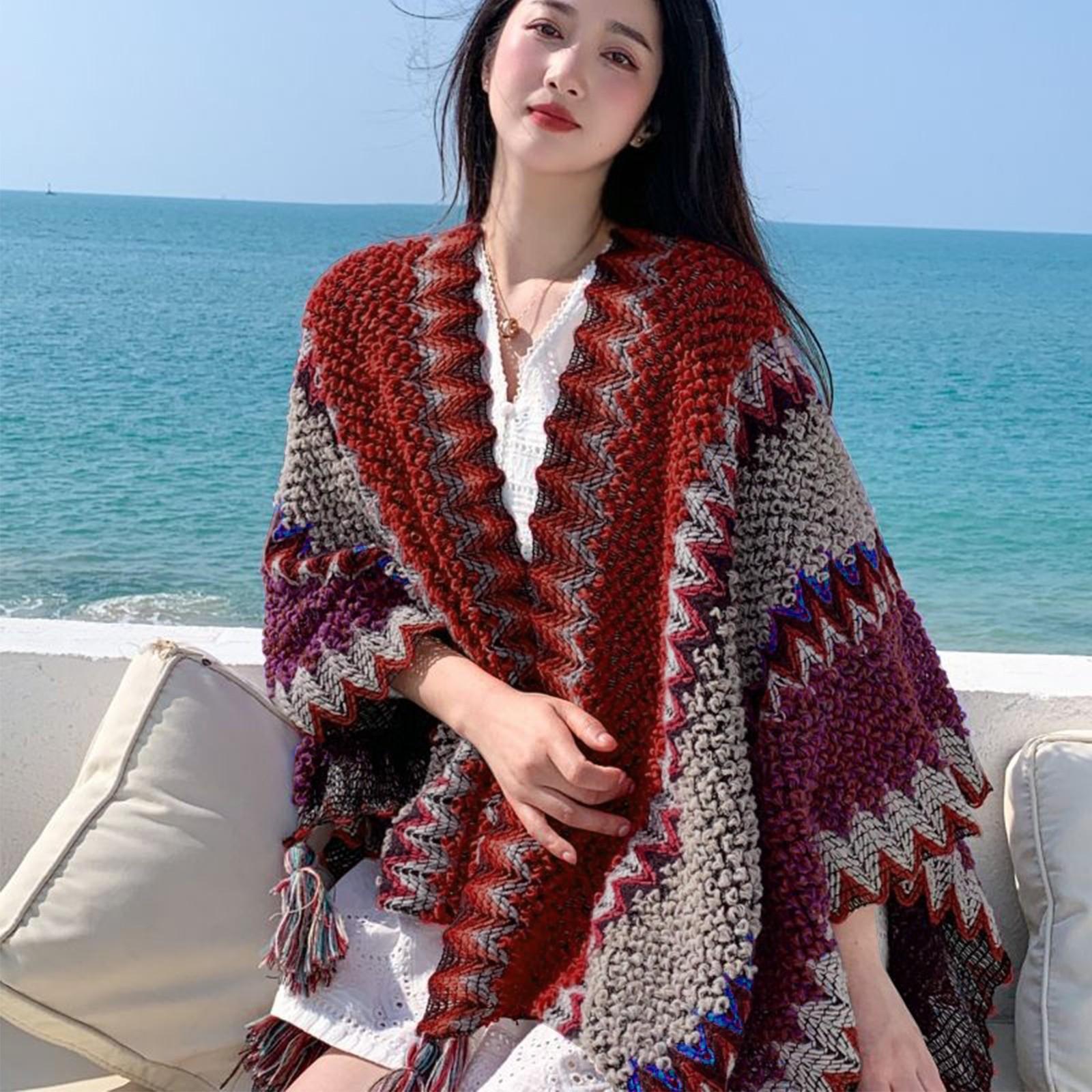 Женская этническая ретро-накидка Sassel, толстая цветная полосатая шаль, шарф One Size красный