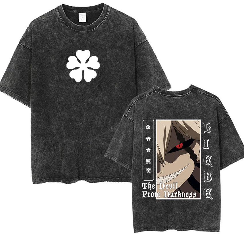 Vintage Washed Black Clover Asta Anime Oversized T-shirt Man's Fashion Loose O-Neck T-shirts Summer High Quality Cotton T Shirts
