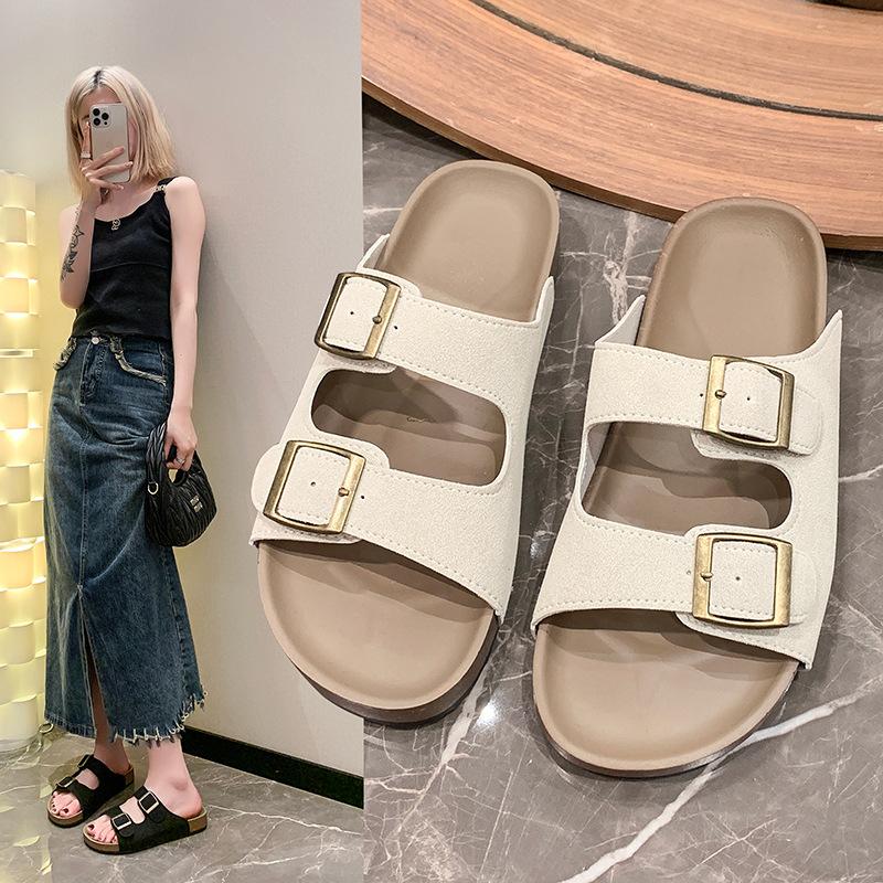 Big Size One Word Slippers Female Retro Belt Buckle Beach Flat Sandals Slippers Youthful Women Summer Shoes Breathable for Hot Weather