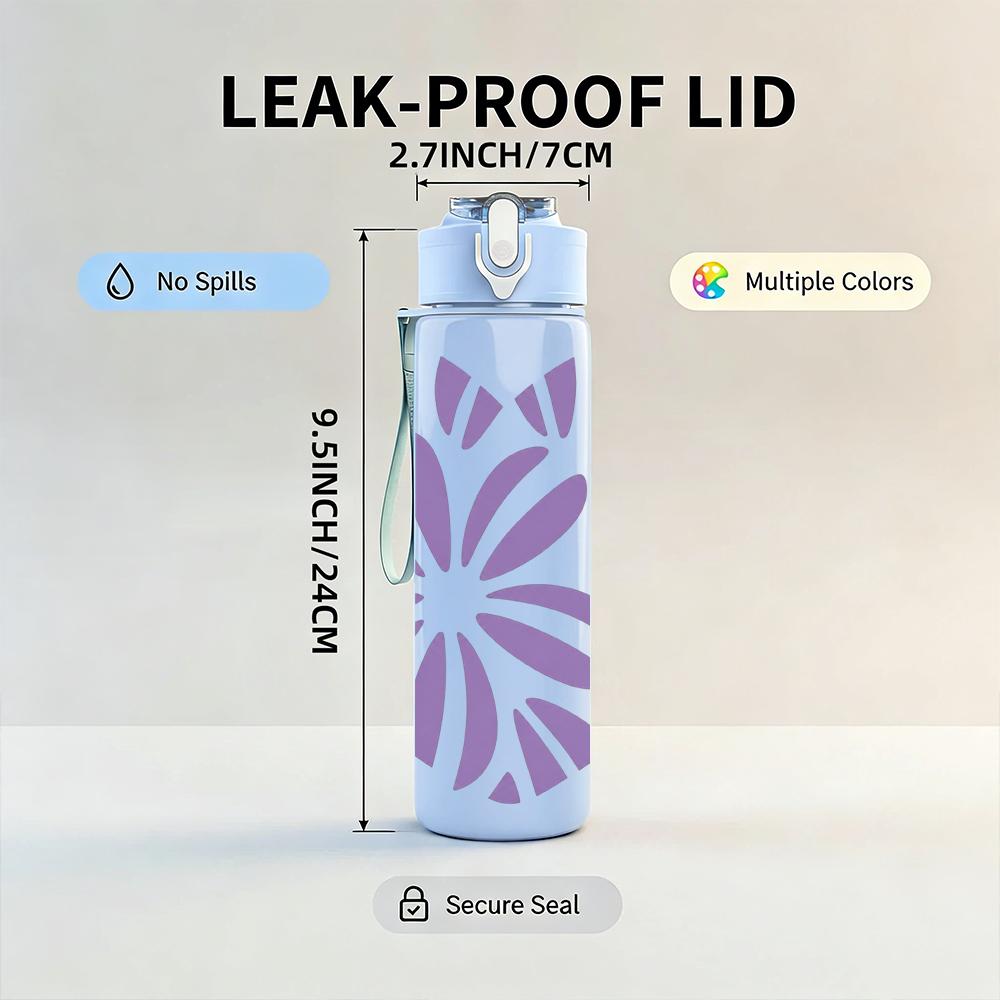 1PC Purple Floral Heart 750ml Color Plastic Sports Water Bottle Leakproof Flip Straw Lid Suitable for Sports Office Home Use