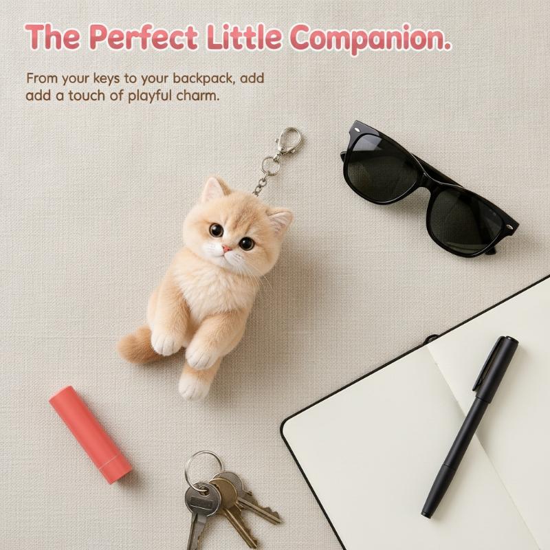 Cute Cartoon Kitten Pendant Cat Keychain Metal Clip Furry Texture Soft Realistic Kitten Shape Bag Charm Animal Keychain Gift