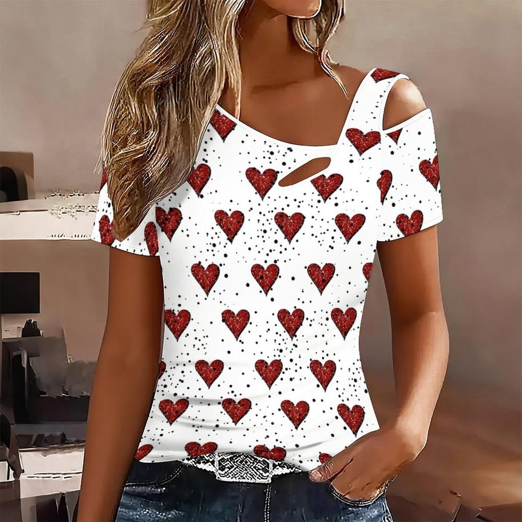 Women Gilded Fluid Print Cold Shoulder Short Sleeve T Shirt Irregular Cutout Neck Casual Summer Blouse Top
