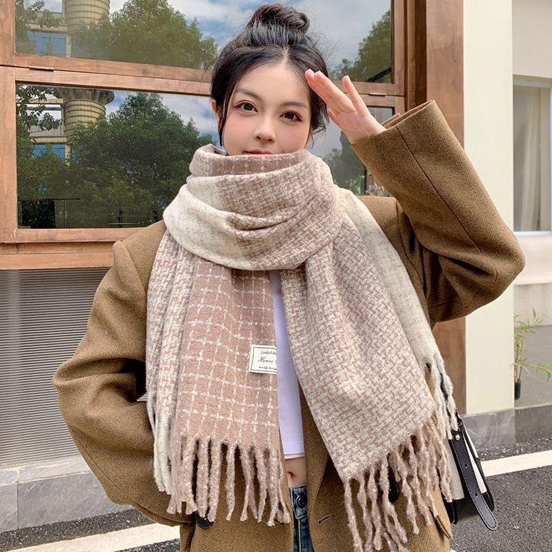 Xiaoxiangfeng Autumn and Winter Tassel Korean Version Versatile Double Sided Plaid Thickened Warm Scarf Imitation Cashmere Women's Shawl Dual Use