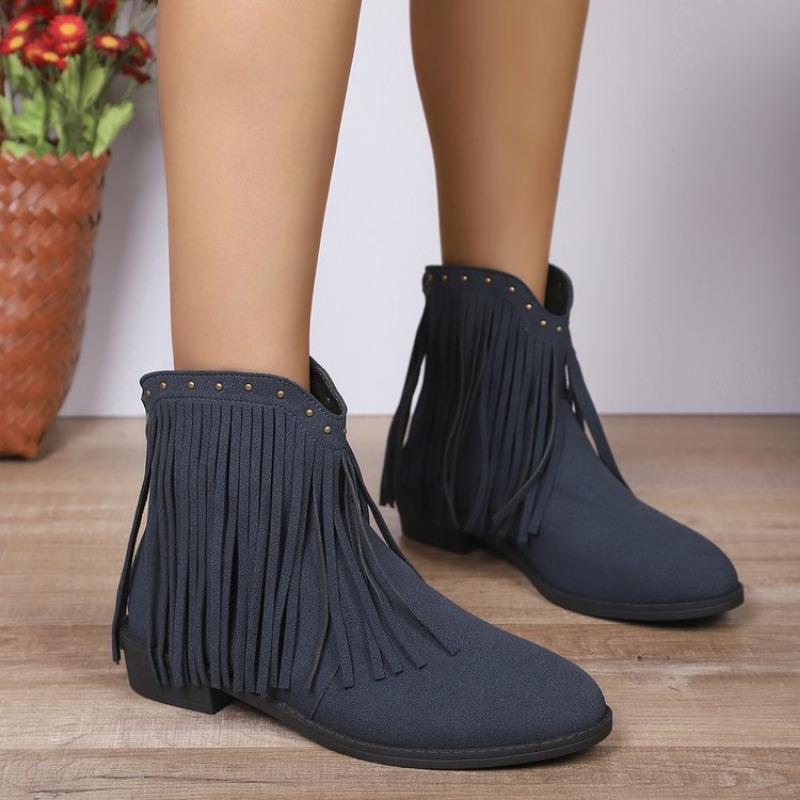 Women's New Vintage Nubuck Booties Women's Pointed Doc Martens Large Size Tassel Studded Western Cowboy Boots