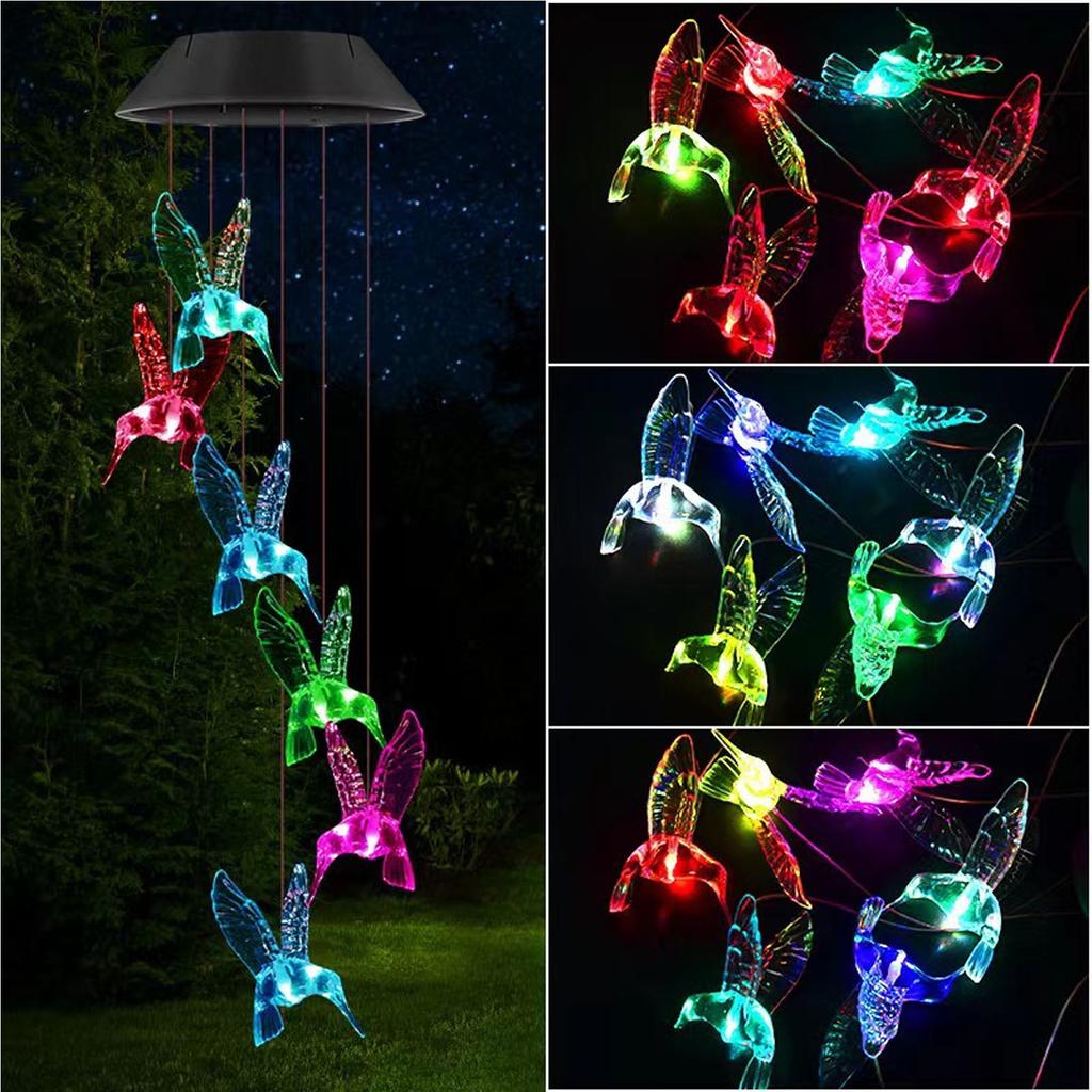 LED Solar Hummingbird Wind Chime Color Changing Solar Hanging Wind Chime Pendant Light for Outdoor Patio Garden Decoration