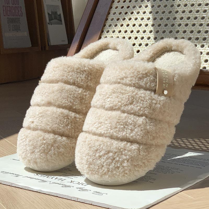 New Solid Color Simple Plush Slippers Autumn and Winter Couple Indoor Household Plush Warm Non-slip Cotton Slippers