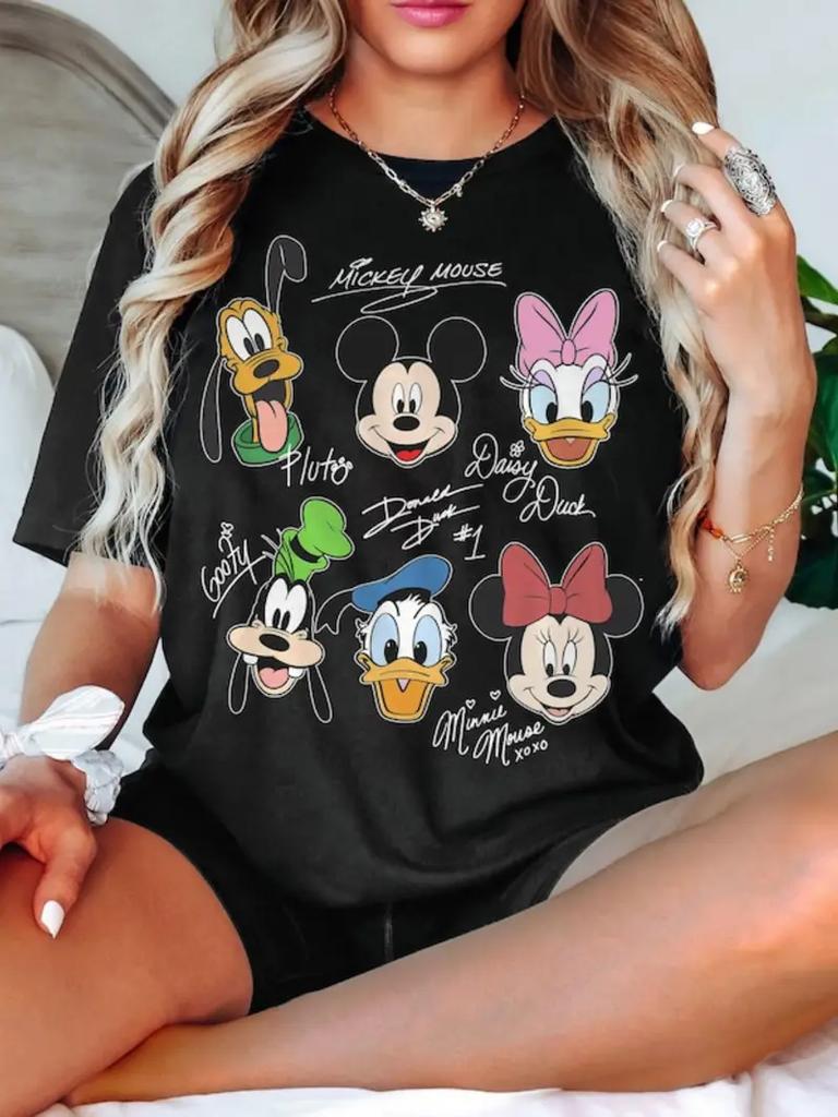 Summer Women Disneyland Friend Minnie Mickey Mouse Goofy T-Shirt Cotton Casual Oversize Girls Tee Streetwear Top Couple Vacation