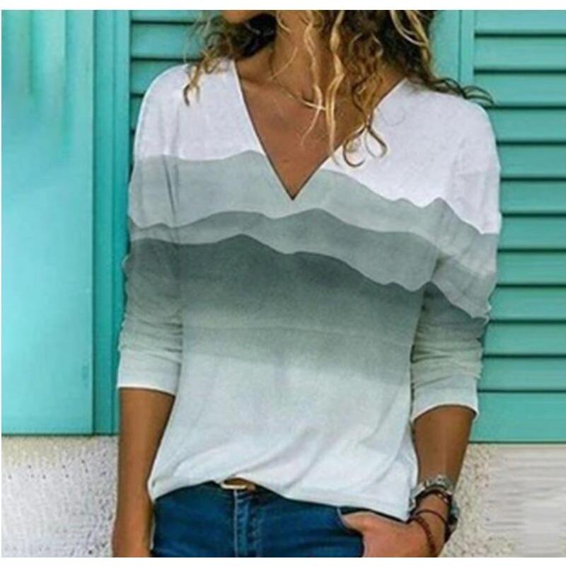 V-neck 3D Printed Top Fashionable Casual Long Sleeved Women's T-shirts