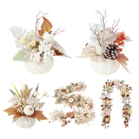 Autumn Harvest Festival Artificial Garland Thanksgiving Day Hanging Berry Pinecone White Pumpkin Fake Maple Leaves Vine Rattan Farmhouse Decor