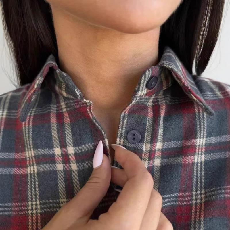 Frühling und Herbst Neues Karomusterhemd Damen Retro Revers Locker Langärmlig Poliertes Damenhemd