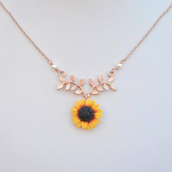 Women Faux Pearl Sunflower Leaf Branch Twig Pendant Necklace Jewelry