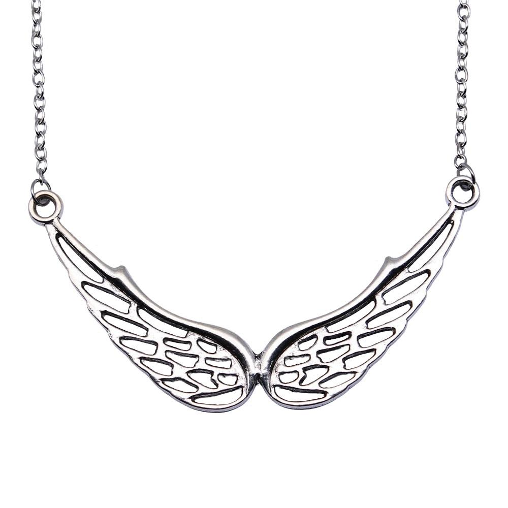 Angel Wing & Open Heart Pendant Necklace Romantic Gothic Statement Jewelry 45cm or 70cm Long Chain
