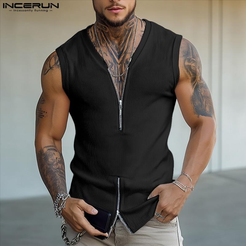 INCERUN Męskie bezrękawniki z dekoltem w serek, zapinane na zamek, w jednolitym kolorze, casualowe, prążkowane