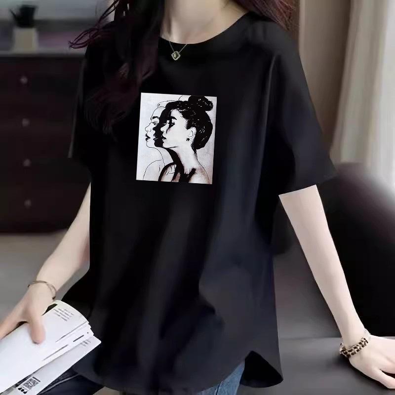 2025 Women's American Style Pure Cotton Loose Mid-Length Straight Shoulder Half Sleeve Summer T-Shirt