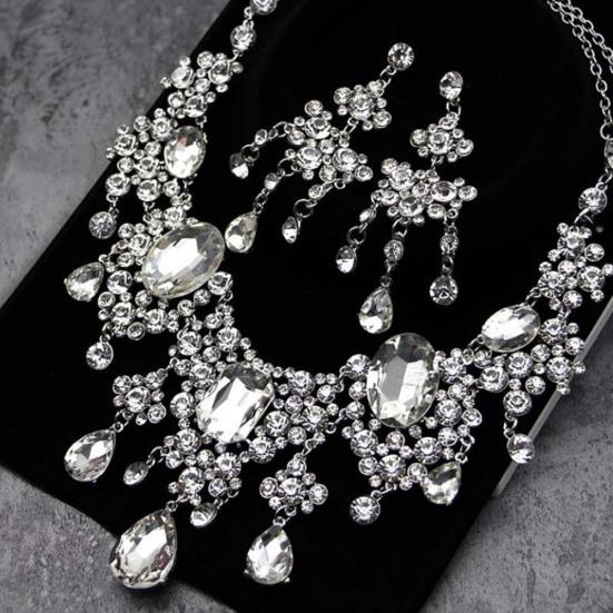 2Pcs/Set Shiny Full Rhinestone Tassel Bridal Statement Bib Necklace Earrings