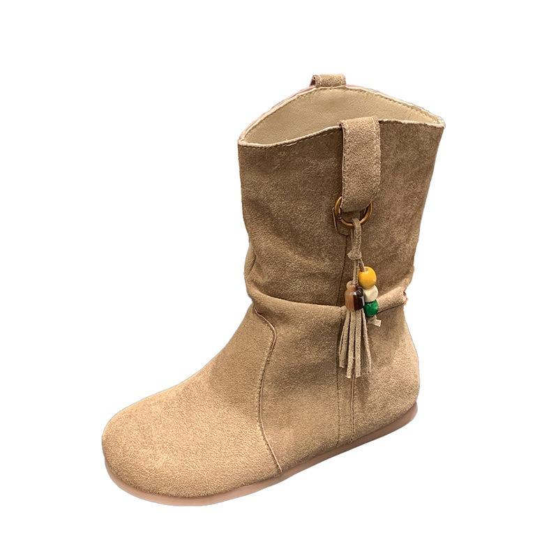 Autumn new retro sleeve round head flat bottom short boots slim western pile boots Martin boots women