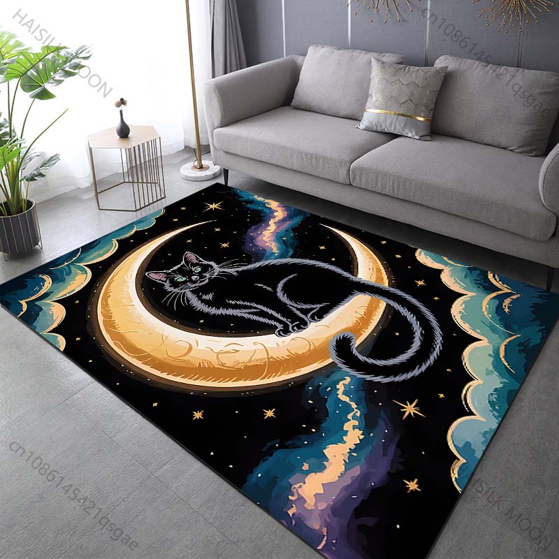 Multiple sizes Black cat on crescent moon Print Carpet Rug for Living Room Bedroom Sofa Doormat Home Decor Non-slip Floor Mat
