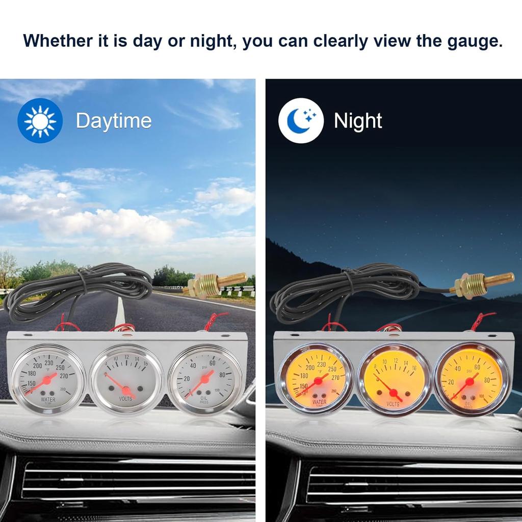 JDMSPEED 2 Inch Triple Gauge Set - Oil Pressure, Water Temp, Volt Meter (Oil: 0-100 PSI, Water: 100-280F, Volt: 8-16V) - Fits GM, Ford, Mopar & More
