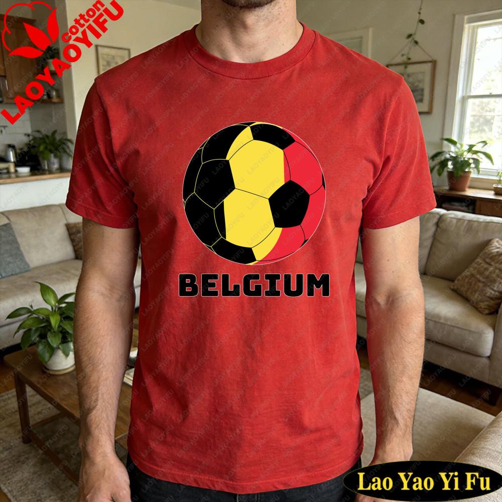 Belgium Flag Soccer Ball Printed Shirt Summer Daily Life Unisex Cotton Tshirt Belgian Soccer Fan Casual Wear Soccer Part Supplies