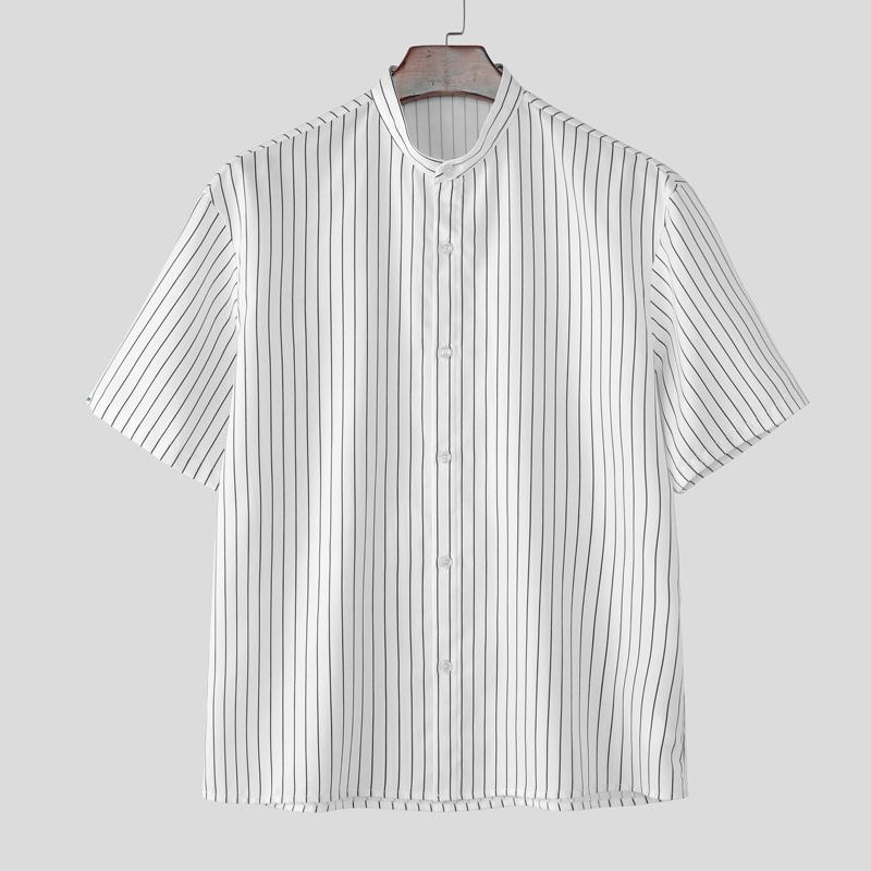 INCERUN Men Short Sleeve Henley Shirt Striped Loose Casual Tops