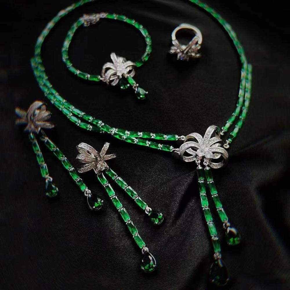 Elegant Women Jewelry Set with Bow Emerald Necklace Sparkling Green Diamond Bracelet Open Ring