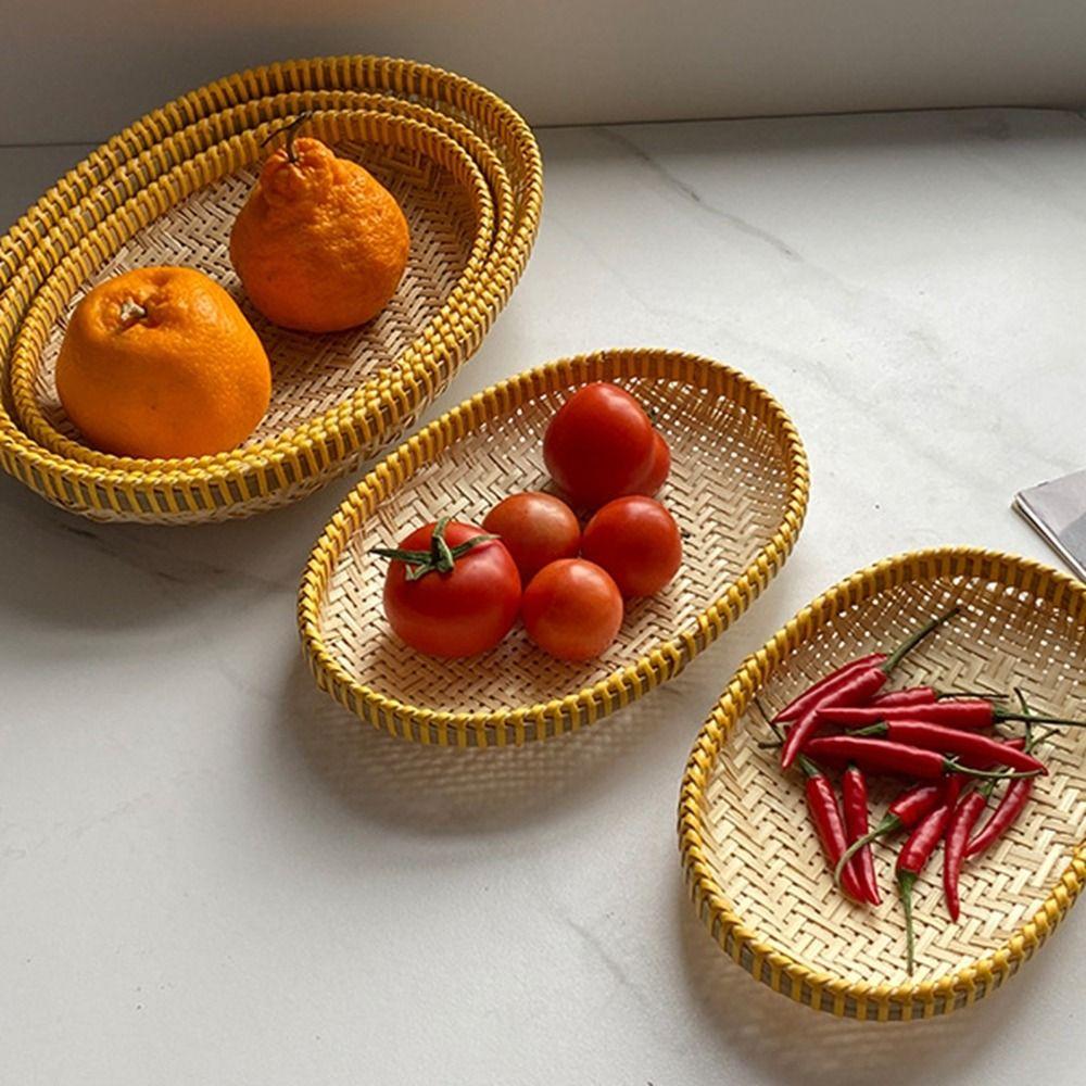 

Elliptical Woven Bamboo Tray Eco-Friendly Fruit Vegetables Storage Basket Picnic XS жёлтый