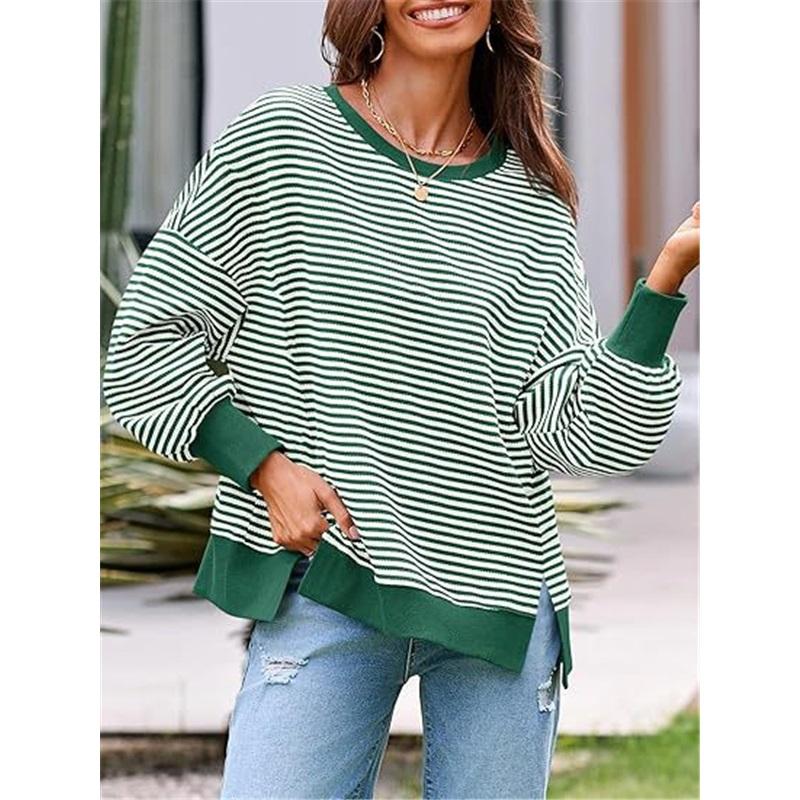 Dames Gestreept Crewneck Sweatshirt Los Oversized Lange Mouw Pullover Casual Dagelijks Blouse Top
