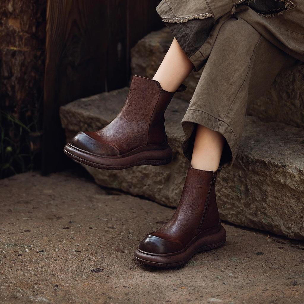 Móda GKTINOO Pravá Kůže Kotníkové Boty Dámské Boty 2025 Nové Podzim Zima Kulatá Špička Silná Podrážka Zip Ručně Vyráběné Platforma Dámské Boty