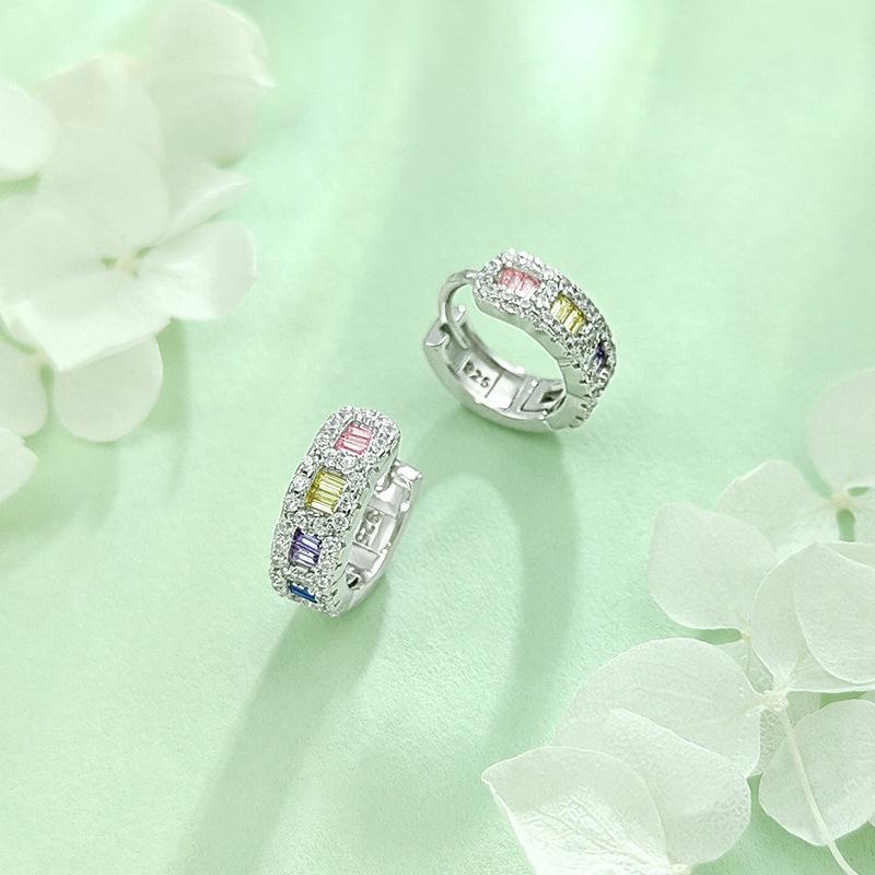 Elegant Multi-Color Diamond 925 Sterling Silver Earrings - Versatile Hip Hop Studs and Shiny Hoops for Women