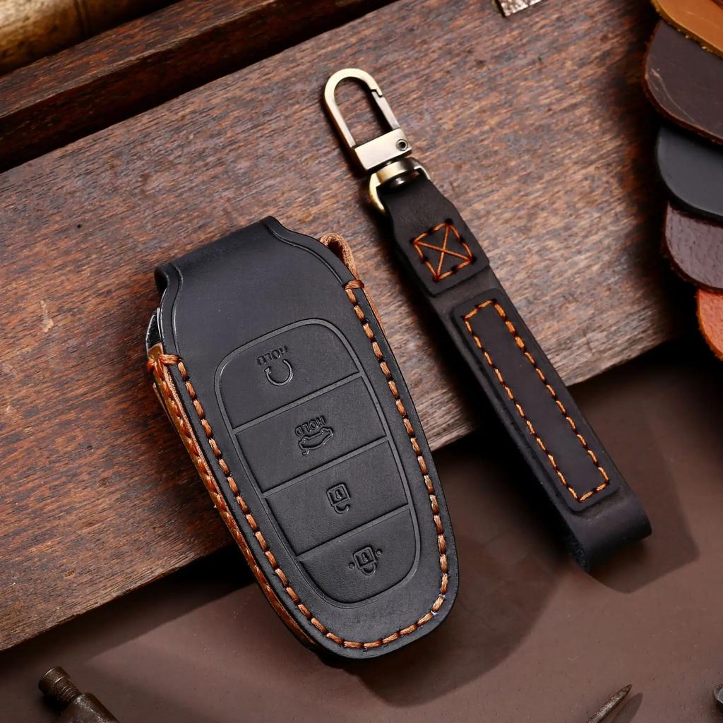 Leather Car Key Case Cover Fob Accessories for Hyundai Tucson Solaris Sonata Hybrid Nexo Nx4 Grand Santa Fe Keychain Holder Bag