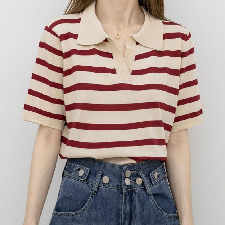 Klasický polo límeček s krátkým rukávem pruhovaný pletený top