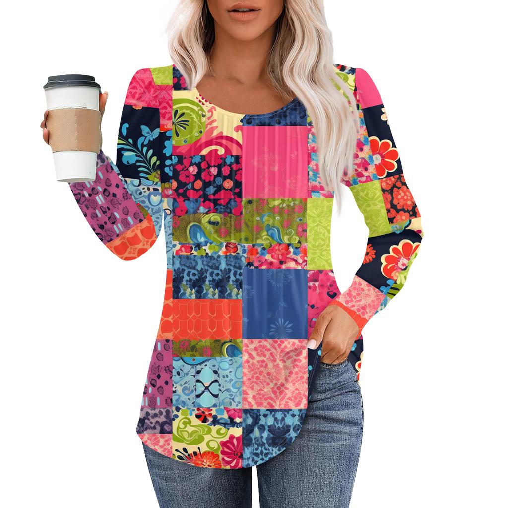 Damenmode Lässig Plissiert Rundhals Vintage Blumendruck Langarm T-Shirt Top