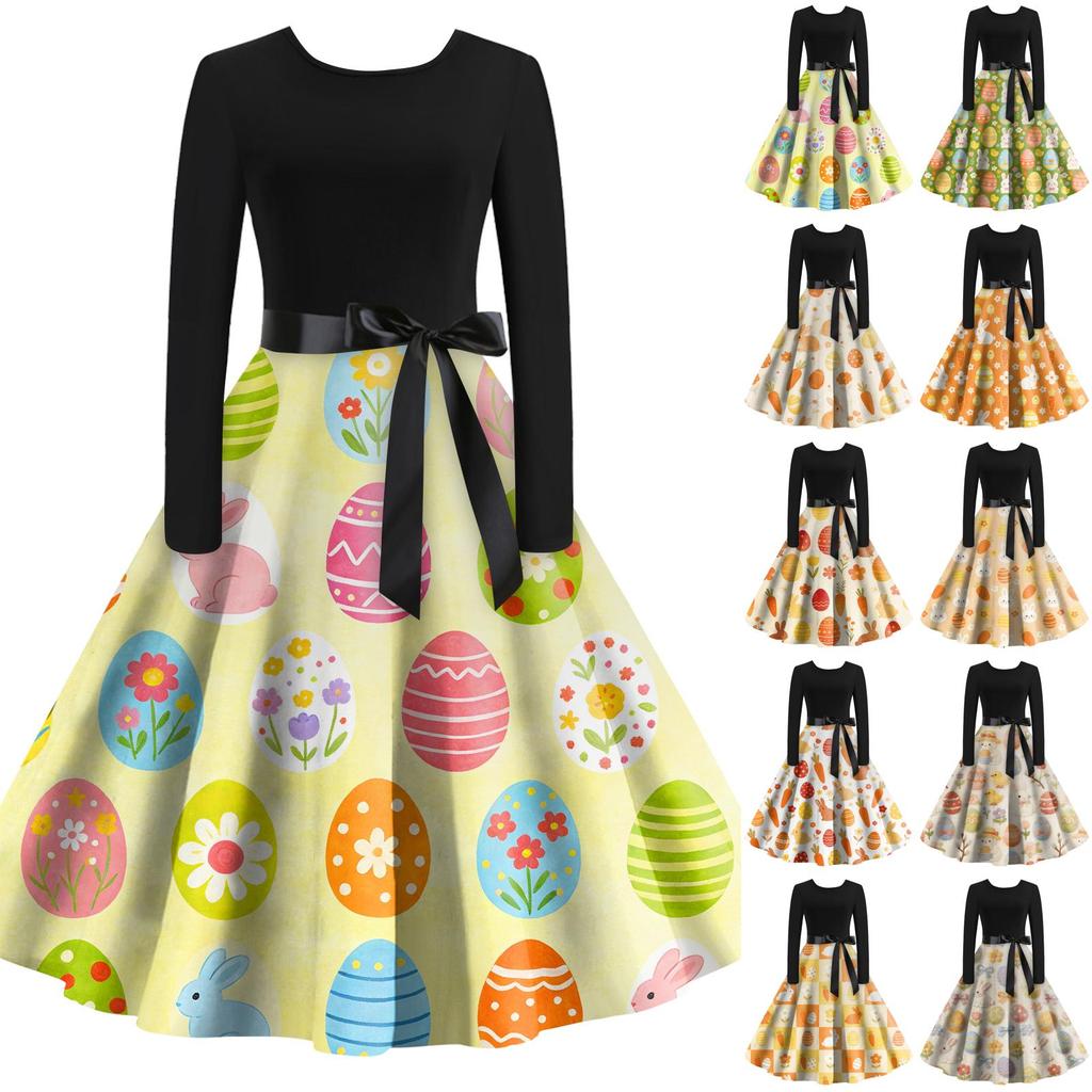 Rochie Retro cu Imprimeu de Crăciun, Casual, de Modă pentru Femei, cu Gât Rotund, Mâneci Lungi