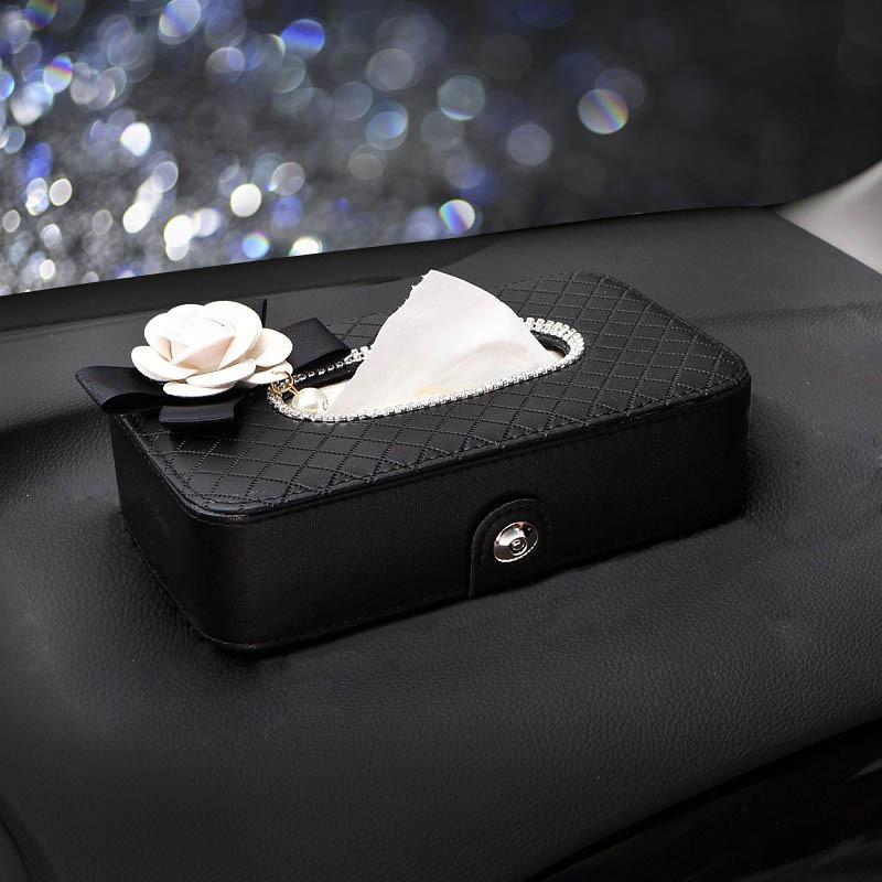 High Quality Leather Pearl Flower Car Tissue Box For Armrest Paper Holder Hanging for Auto Back Seat Headrest Organizer Storage