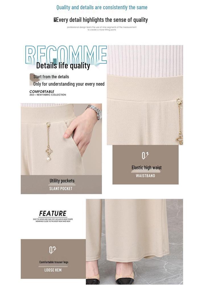 High-Waist Wide-Leg Drapey Pants for Middle-Aged & Elderly Women - Casual, Loose, Straight-Leg Fit for Spring & Autumn