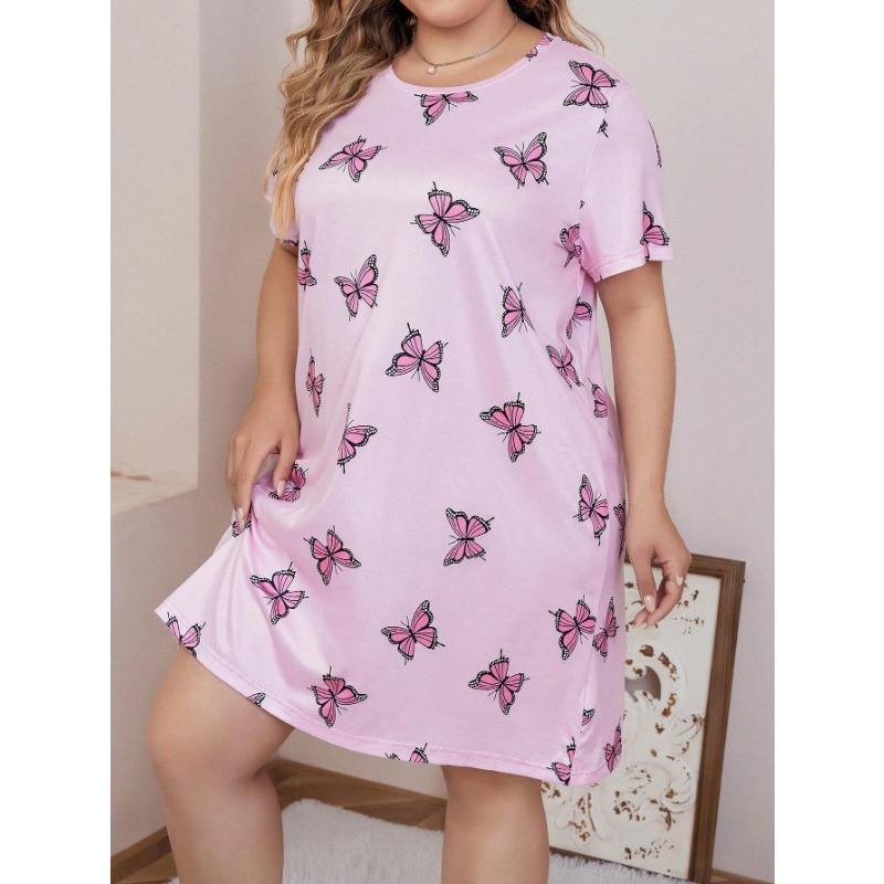 Women's Pajamas Plus Size Summer New Leopard Print Round Neck Loose Casual Mid Length Sleeping Dress