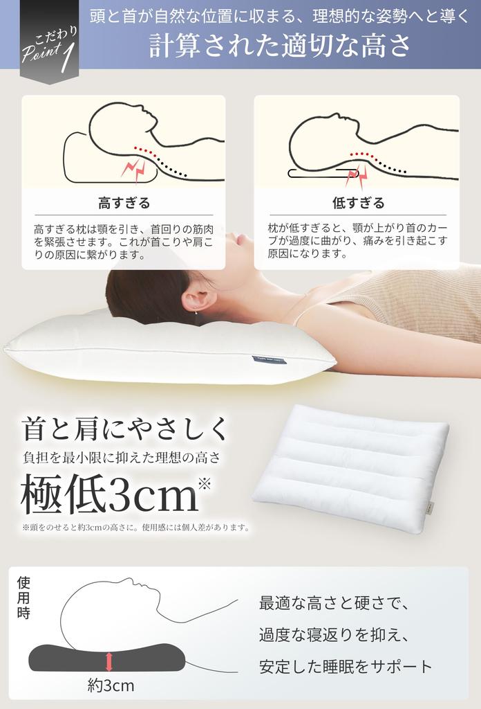 Thin, Low Pillow, 3cm Height Adjustable, Washable, Supports a Good Night's Sleep, 60x40cm, White (includes Two Gray Covers) [Made In Japan]
