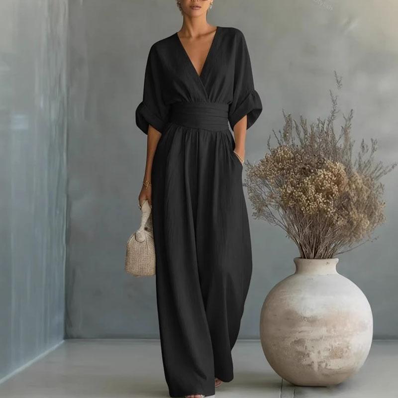 2026 Diepe V-hals Dames Jumpsuits Elegante Effen Hoge Taille Rompers Casual Wijde Pijpen Broek Zak Overalls Vakantie Outfit Los