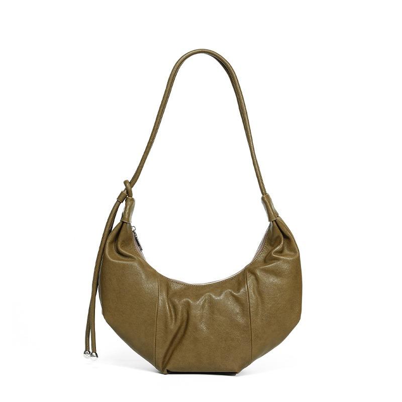 Fashion leather high-end messenger dumpling bag head layer vegetable tanned cowhide large capacity shoulder pleated croissant